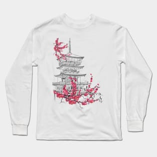 Pagode mit Sakura Long Sleeve T-Shirt